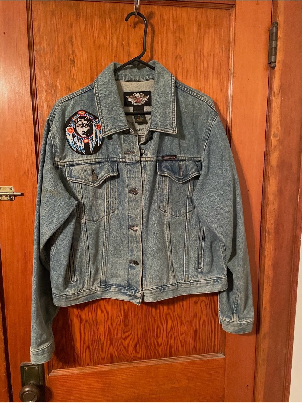 Harley-Davidson Light Blue Denim Jacket with Embroidered Native Patch